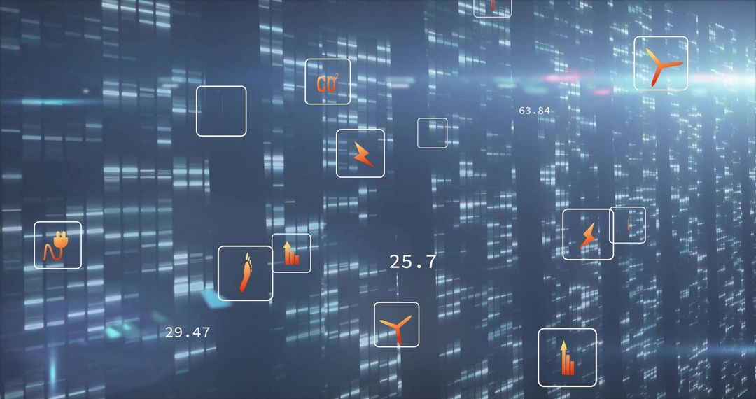 Futuristic data visualization dashboard with glowing nodes, numeric overlays, energy icons