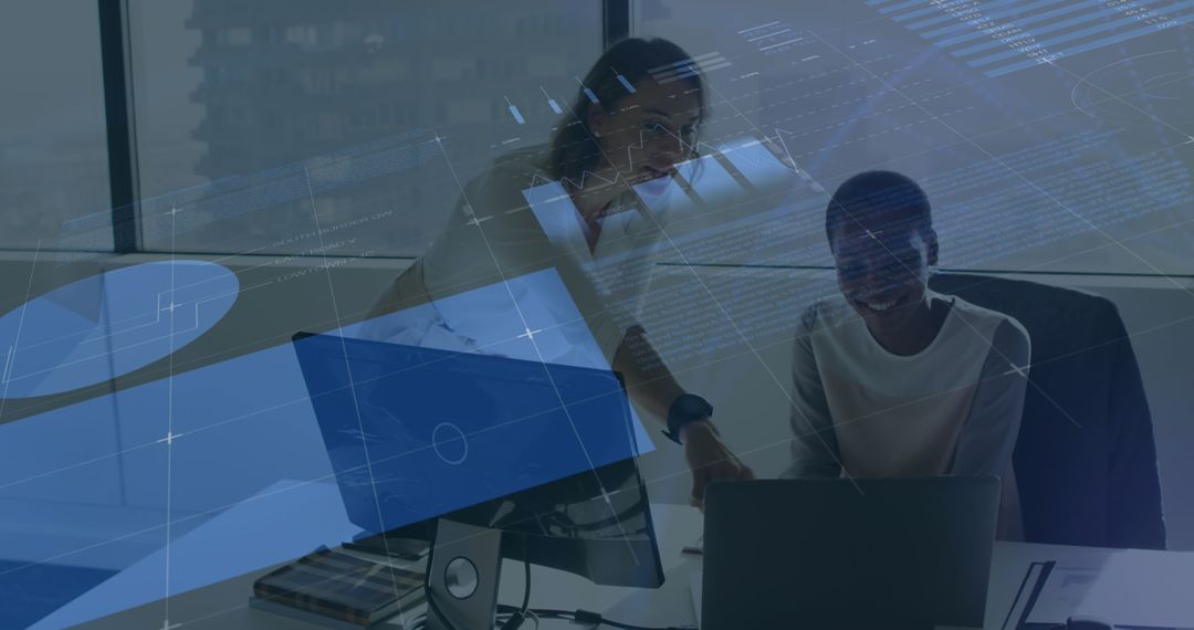 Diverse Coworkers Discussing Reports with Infographic Overlay in Office