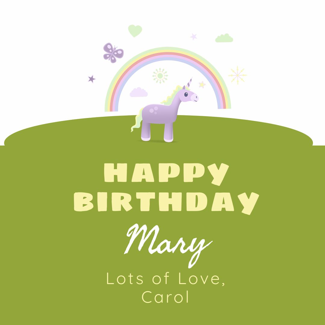 Whimsical Unicorn Birthday Greeting with Rainbow and Butterfly - Download Free Stock Templates Pikwizard.com