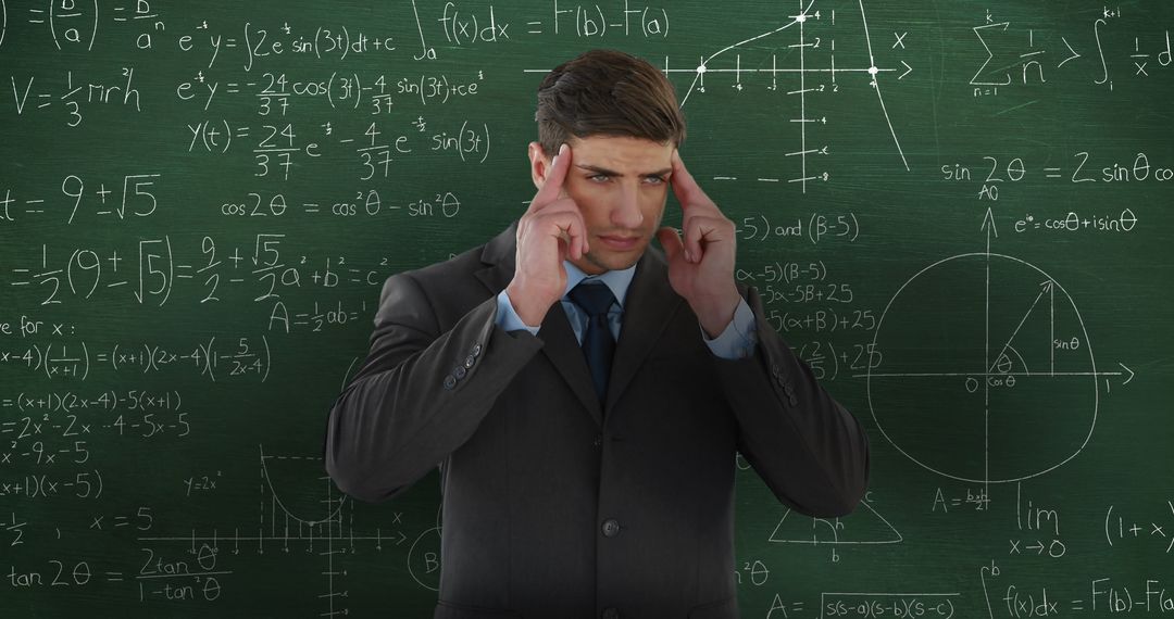 Confused Businessman Analyzing Complex Mathematical Formulas on Chalkboard