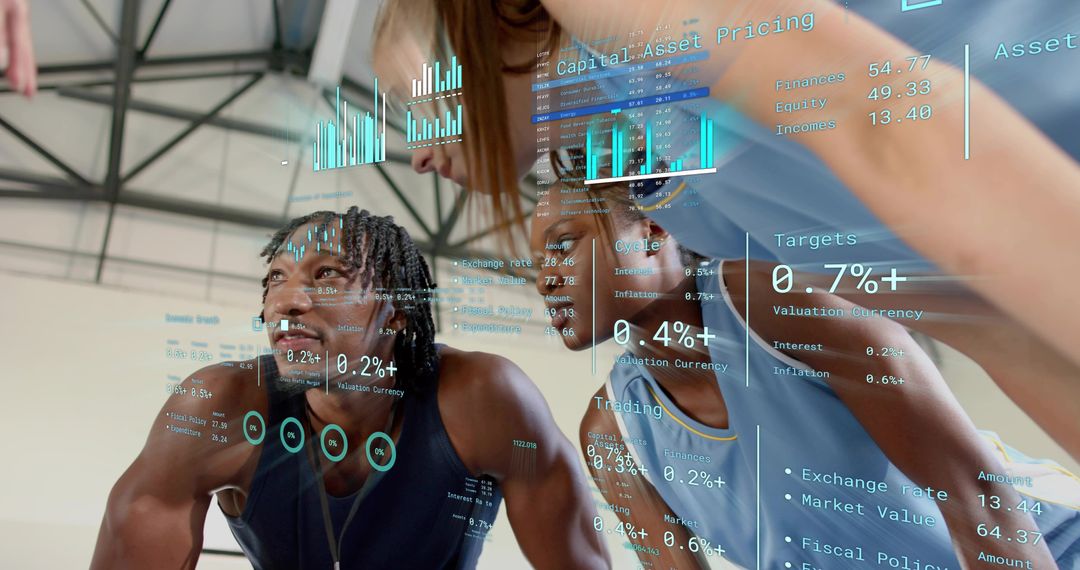 Sports Team Analyzing Augmented Reality Performance and Financial Dashboards in Training