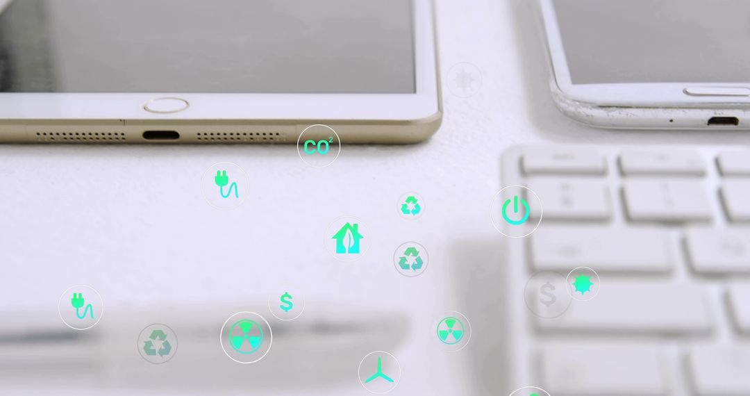 Digital Devices with Floating Eco-Friendly Technologies Symbols