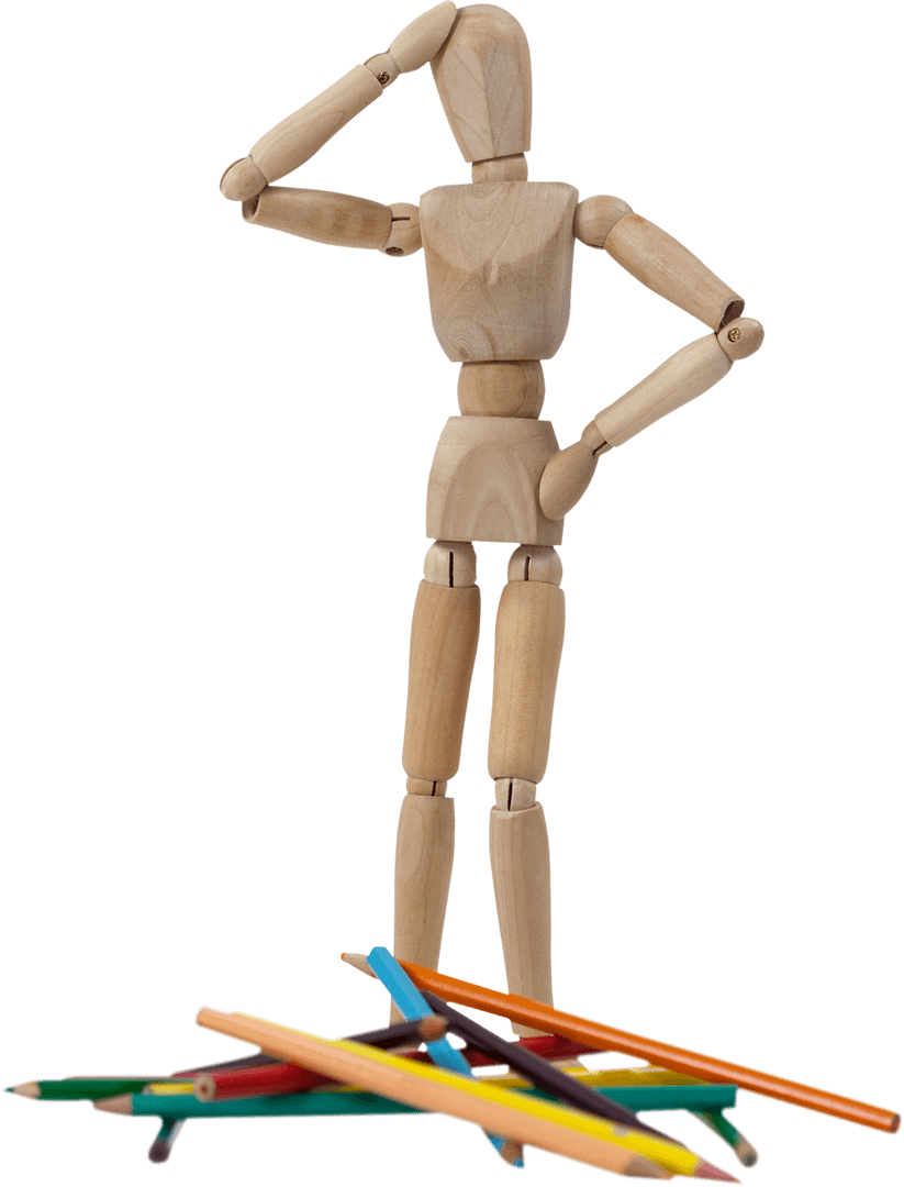 Transparent Wooden Figurine Confused Over Colorful Pencils