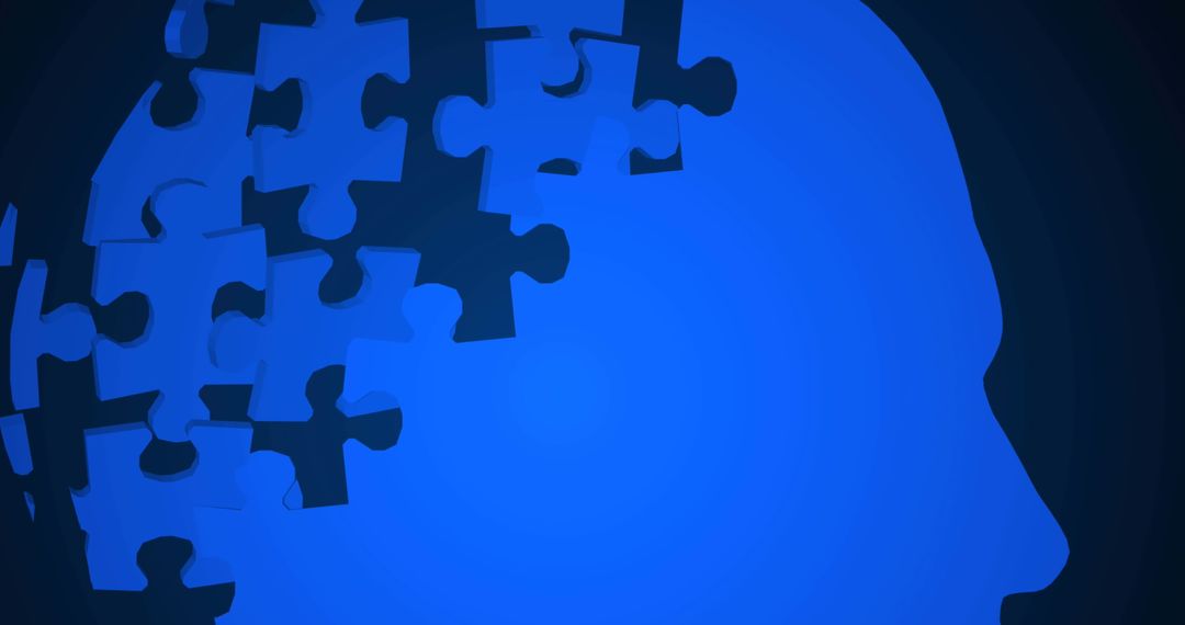 Blue Head Silhouette with Missing Puzzle Pieces Illustrating Cognitive Process