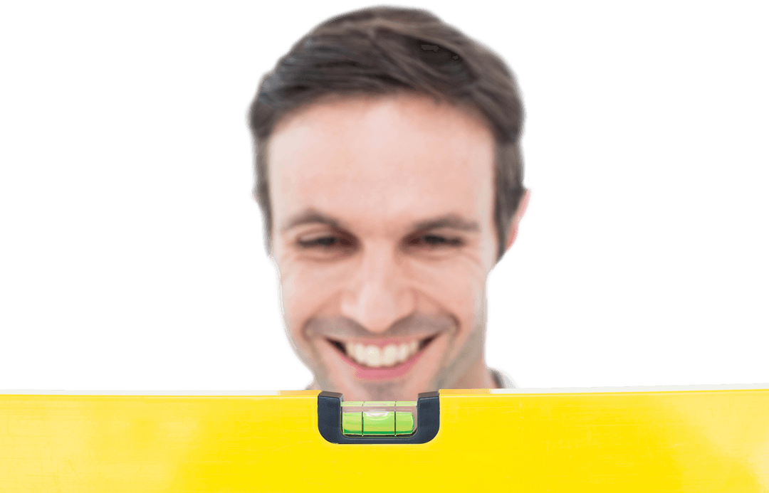 Happy Craftsman with Transparent Spirit Level in Focus