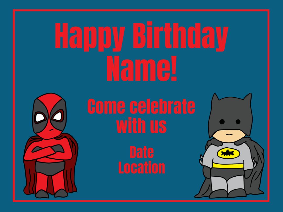 Superhero-themed Birthday Party Invite with Cartoon Characters - Download Free Stock Templates Pikwizard.com