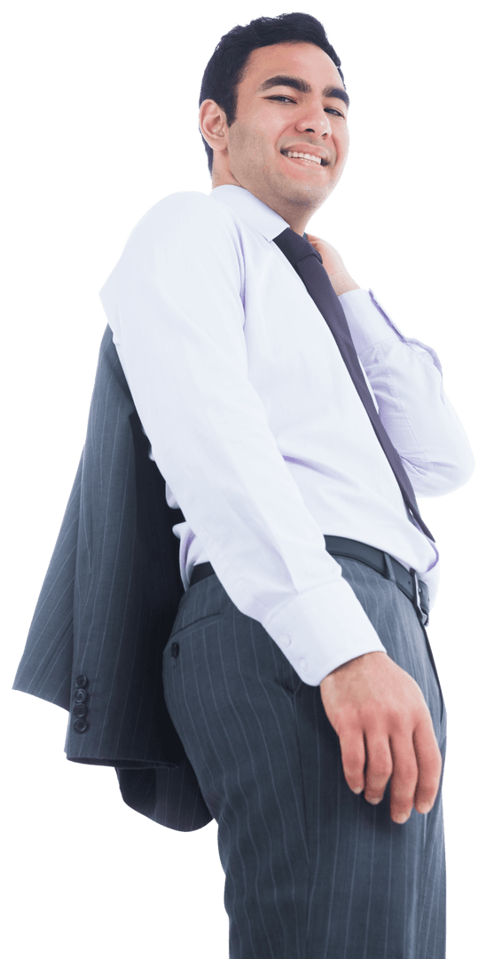 Happy Businessman in Suit with Jacket Over Shoulder on Transparent Background