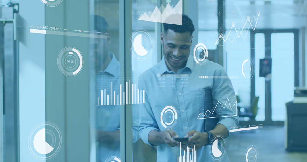 Business Professional Analyzing Data Through Smartphone Interface in Modern Office