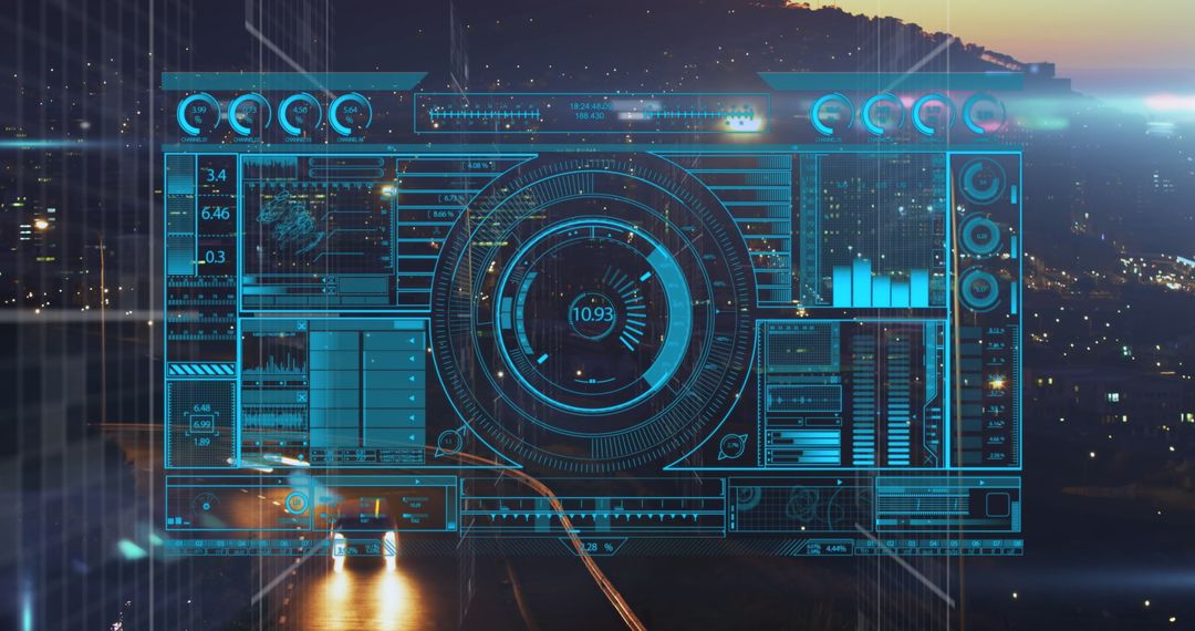 Digital Tech Interface Overlaying Bustling Cityscape