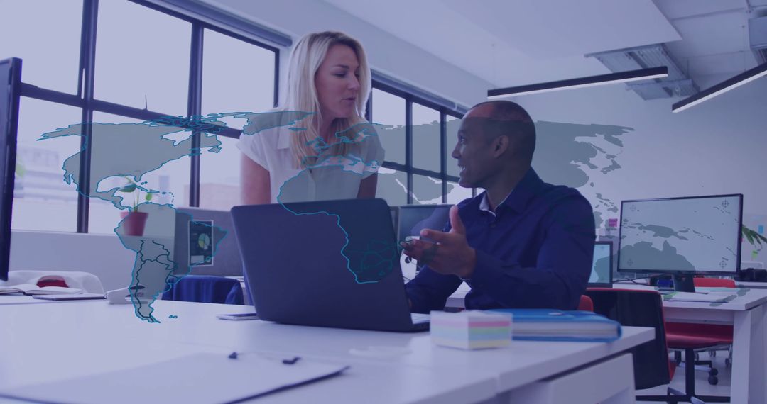 Team Collaborating in Modern Office with Global Map Overlay