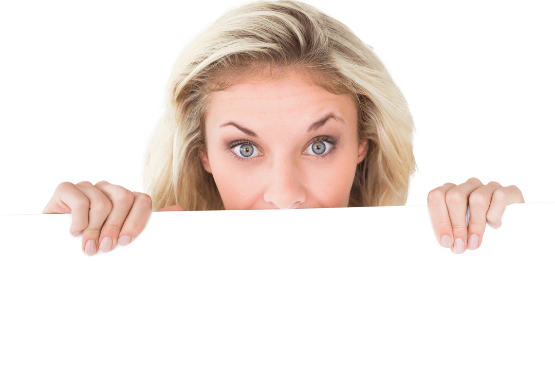 Pretty Blonde Woman Behind Transparent Sign with Curious Expression