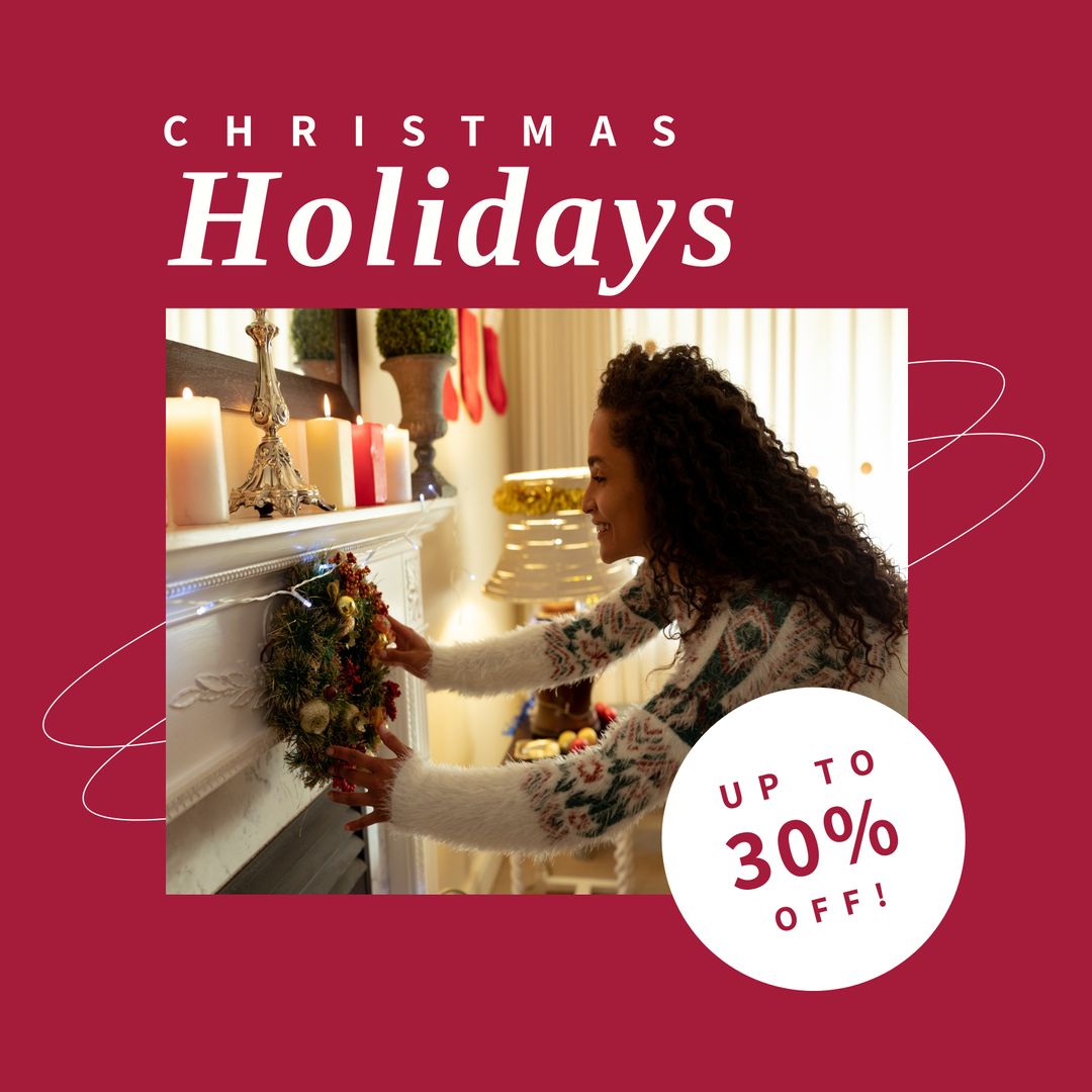 Festive Christmas Offer with Woman Decorating Fireplace