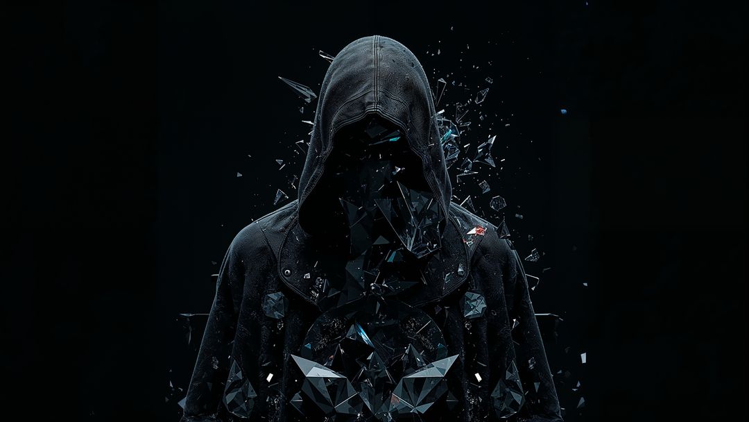 Hooded assassin figure disintegrating into geometric fragments in dark void