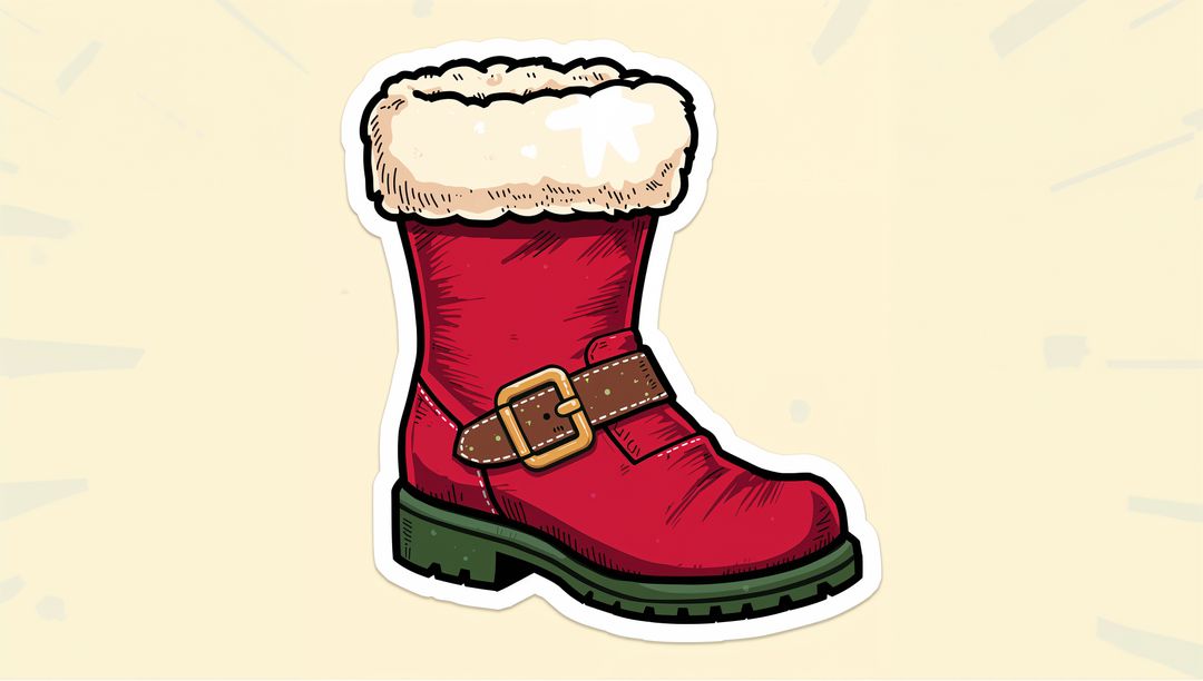 Red Holiday Fur-Trimmed Boot Featuring Buckle and Rugged Green Sole