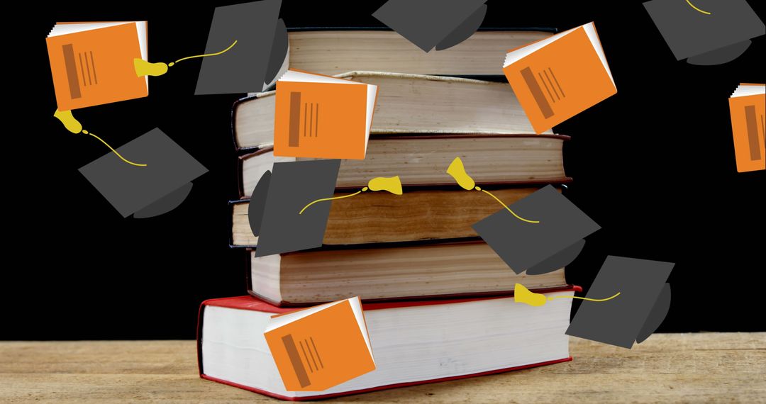 Graduation Hats and Books Surrounding Knowledge Symbolizing Success