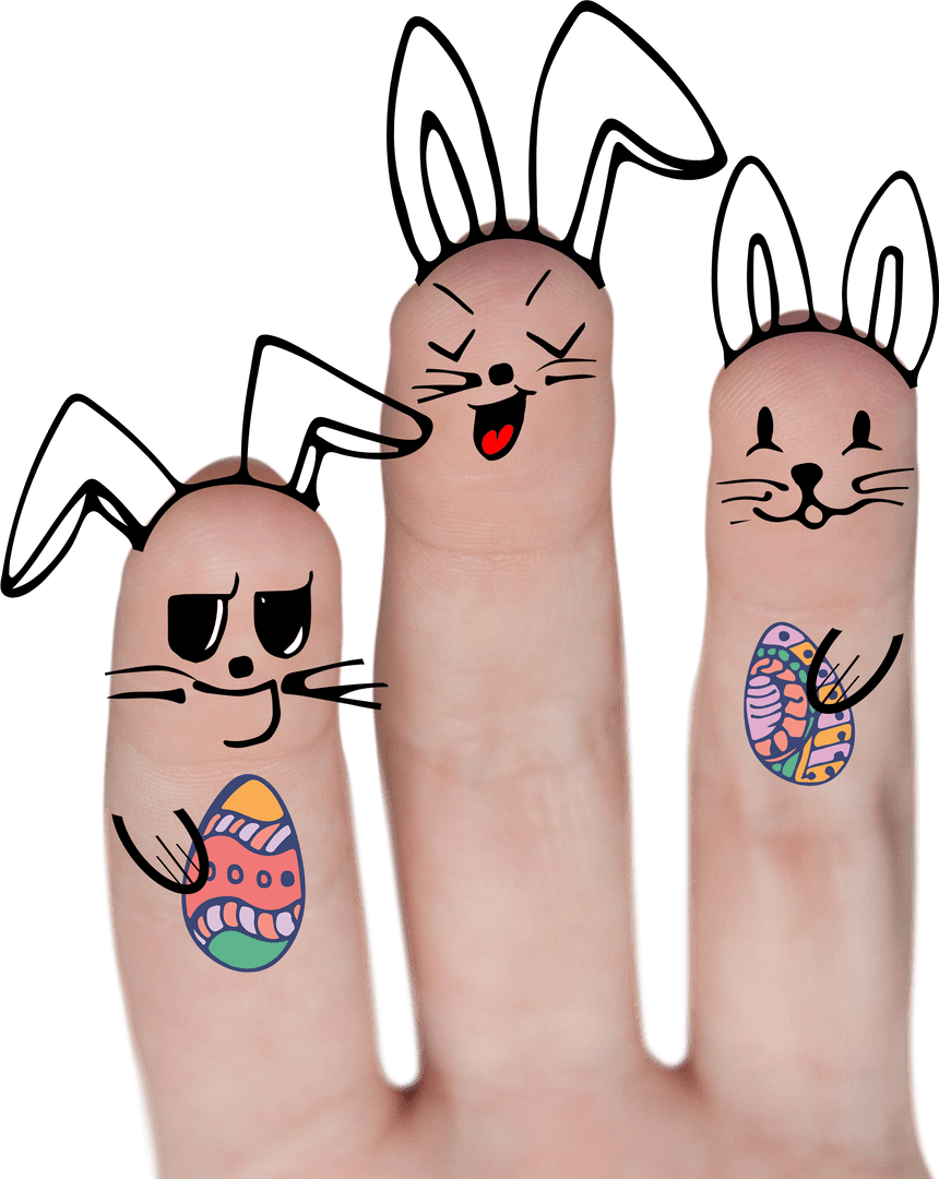 Transparent Fingertip Bunnies Celebrating Easter with Painted Eggs
