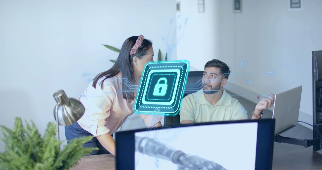 Coworkers Discussing Cybersecurity with Digital Lock Icon on Wooden Desk