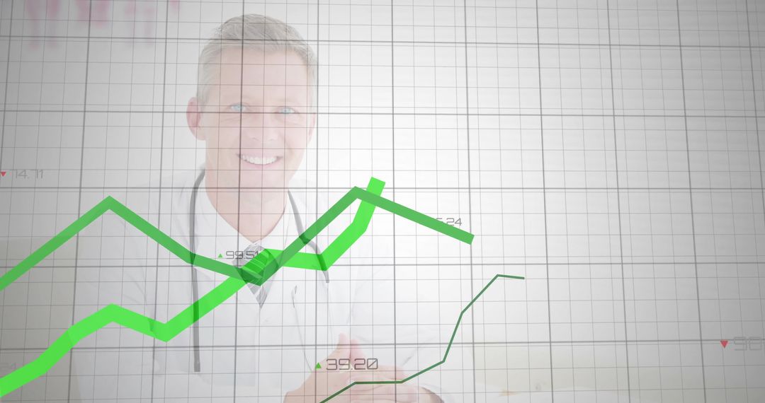 Doctor Analyzing Digital Health Data with Green Graphs in Office