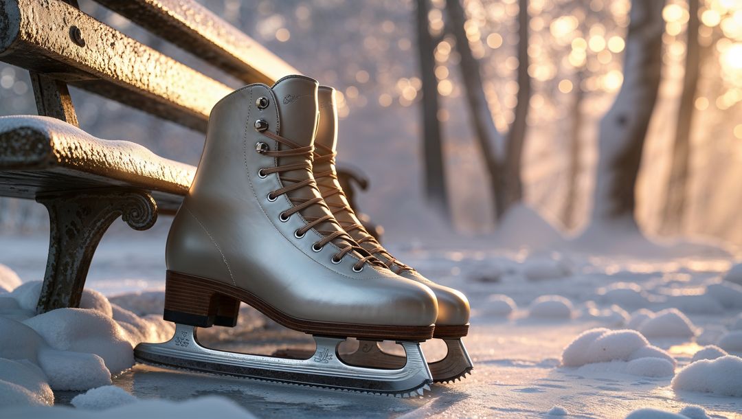 Leather figure skates on frost with golden ice skating wintry glow