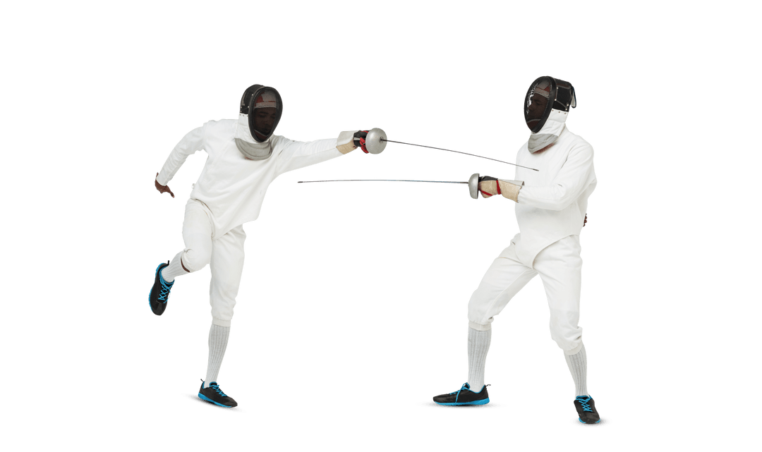 Two Male Fencers Competing with Swords on Transparent Background