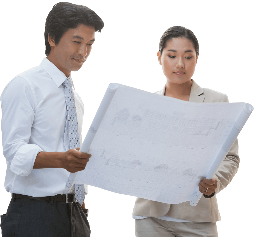 Transparent Engineers Examining Building Blueprint Together