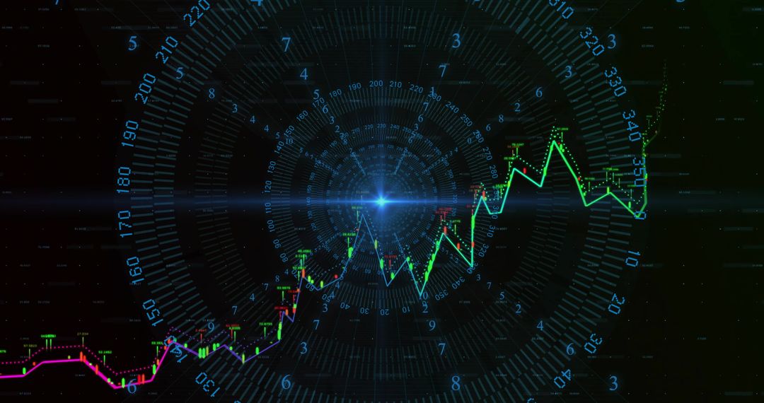 Futuristic Digital Dashboard with Radial Degree Grid and Line Graph