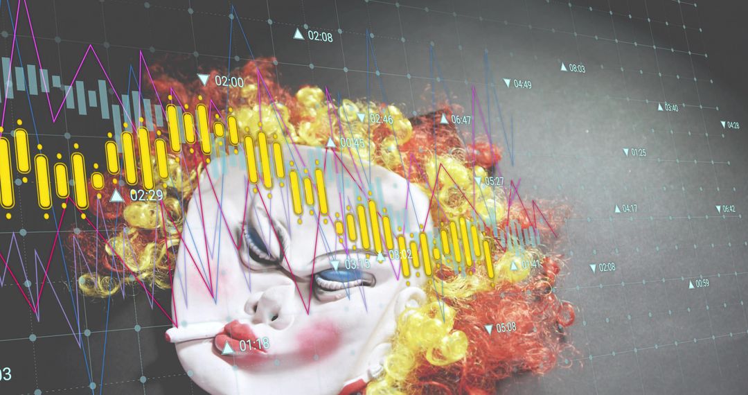 Surreal clown mask with cigarette and yellow curly wig overlaid with candlestick charts