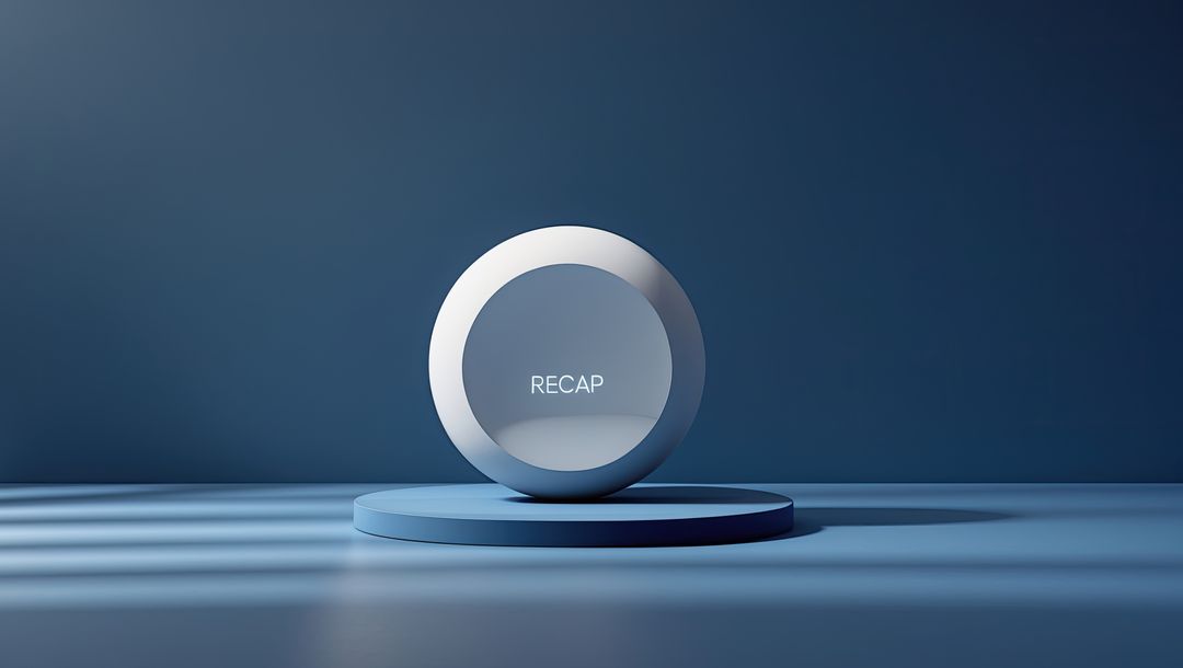 Contemporary monochrome geometry with illuminated ring and recap text