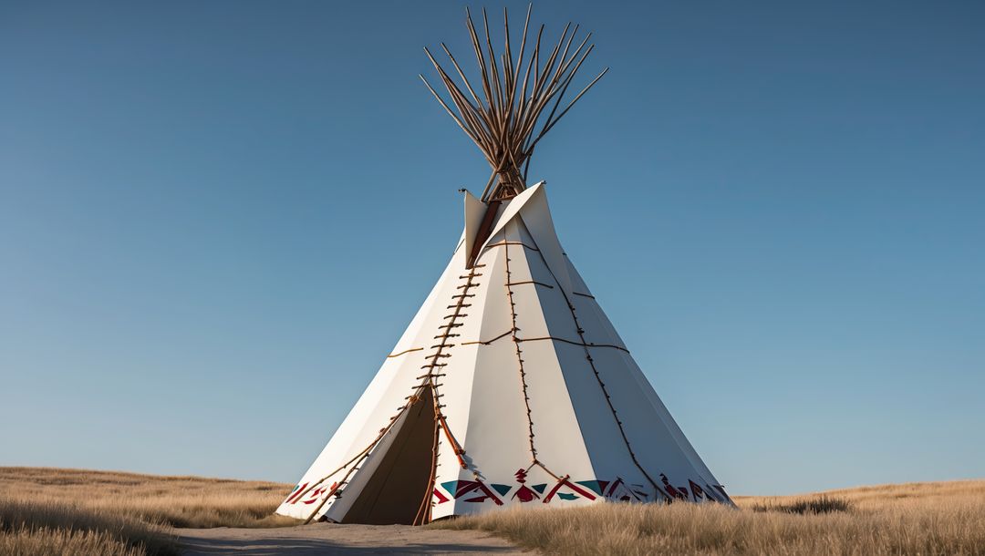 Rustic canvas native american teepee on prairie path under clear blue sky