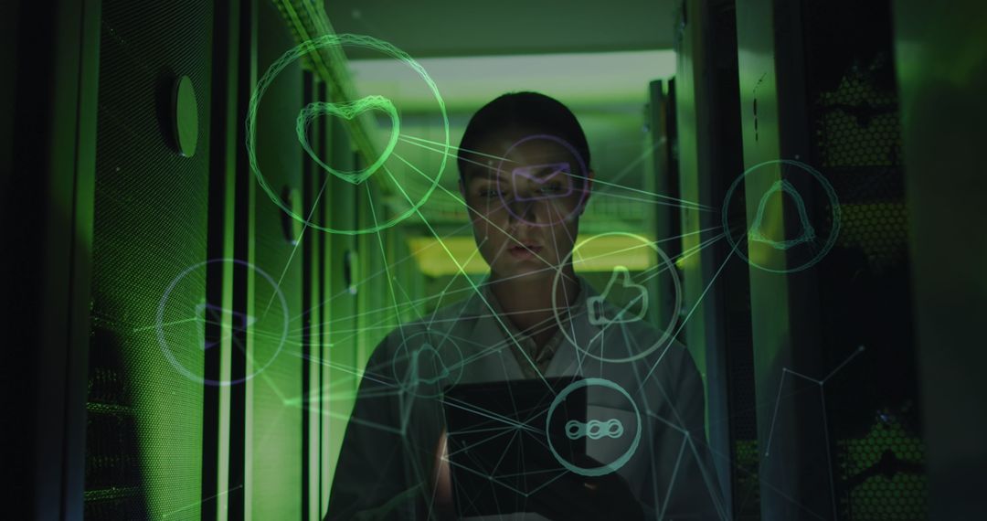 Female IT Specialist Overseeing Network Connectivity in Data Center