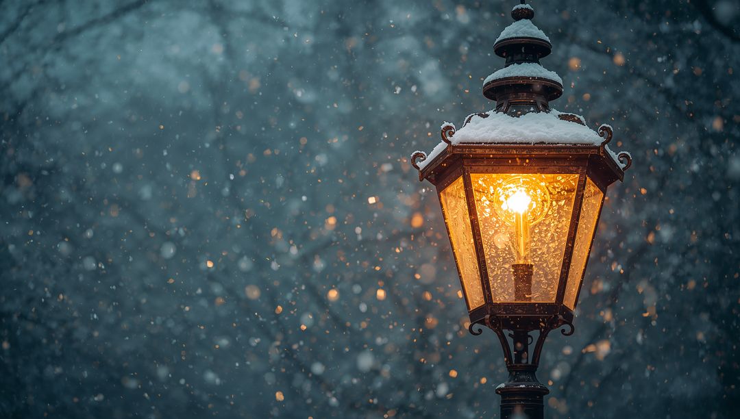 Glowing Victorian Lantern Casting Warm Amber Light Amid Falling Snow at Dusk with Bokeh