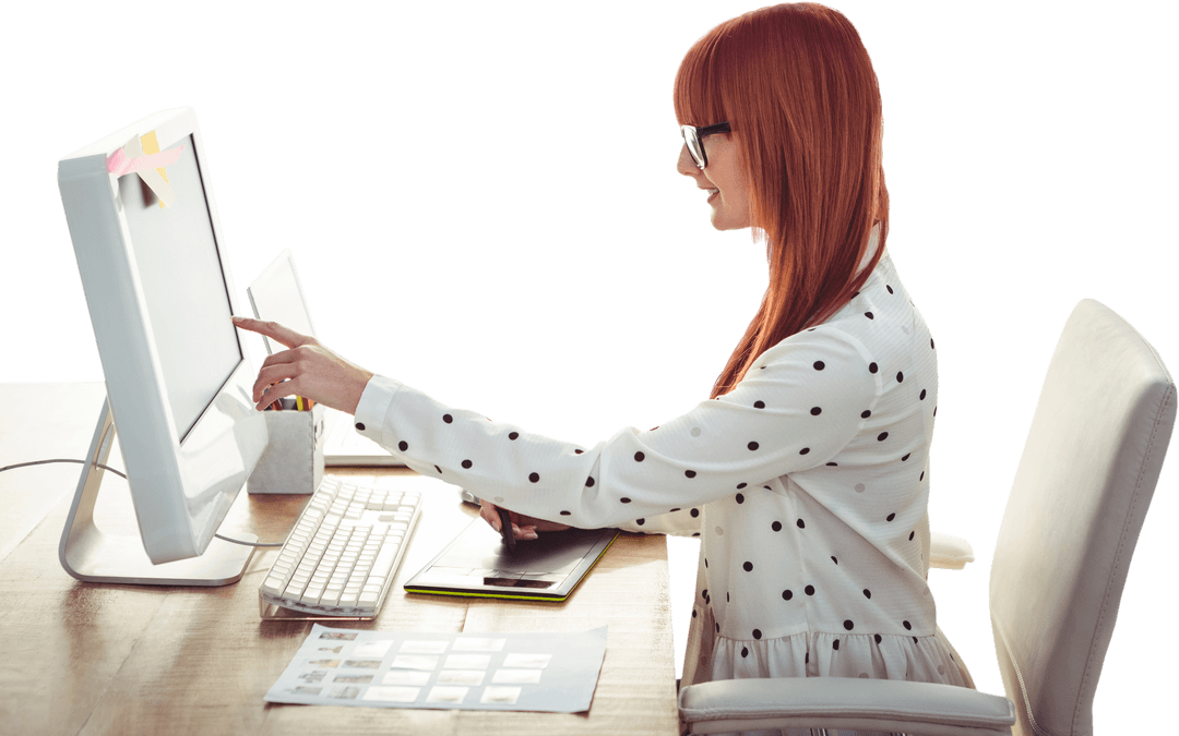 Smiling Hipster Woman Using Graphics Tablet in Transparent Background