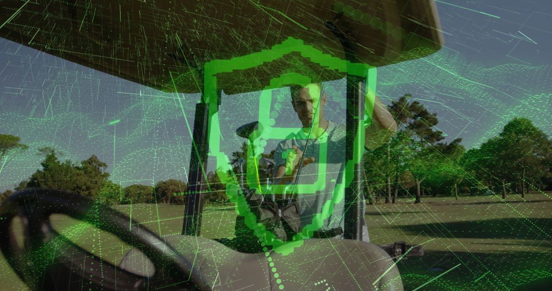 Golfer Using Smartphone on Golf Cart with Digital Security Concept