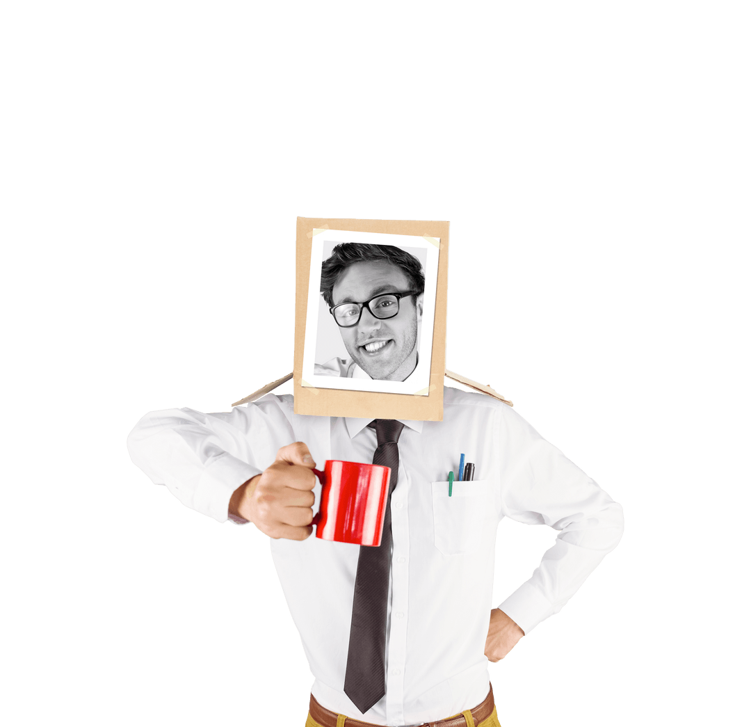 Transparent Businessman with Box Head Drinking Coffee
