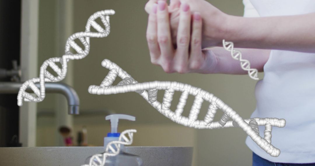 Washing hands at vanity with floating DNA helix graphics highlighting hygiene and biotech