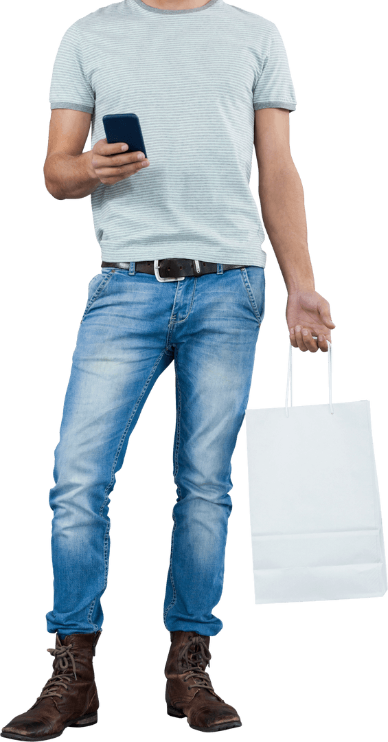 Man in Jeans Using Mobile Phone with Transparent Background