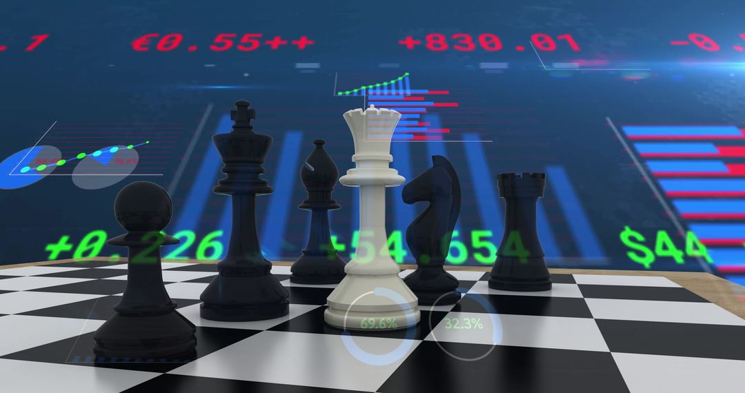 Chess on Digital Financial Data Display Symbolizing Strategy