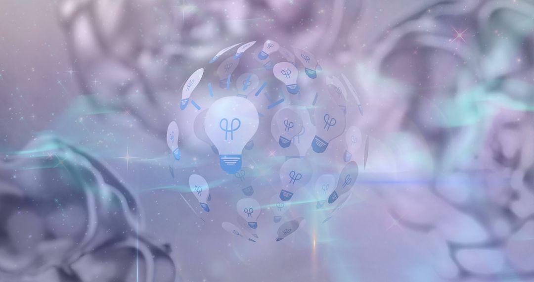 Futuristic Globe with Floating Light Bulbs and Abstract Blue Clouds