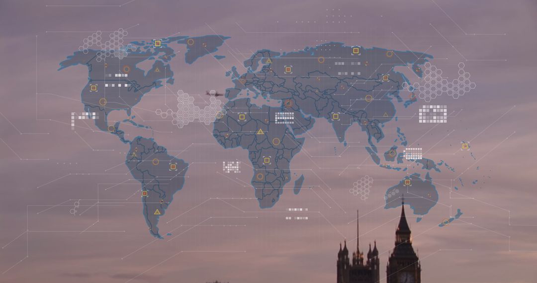 World Map with Data Processing Overlay in London Skyline