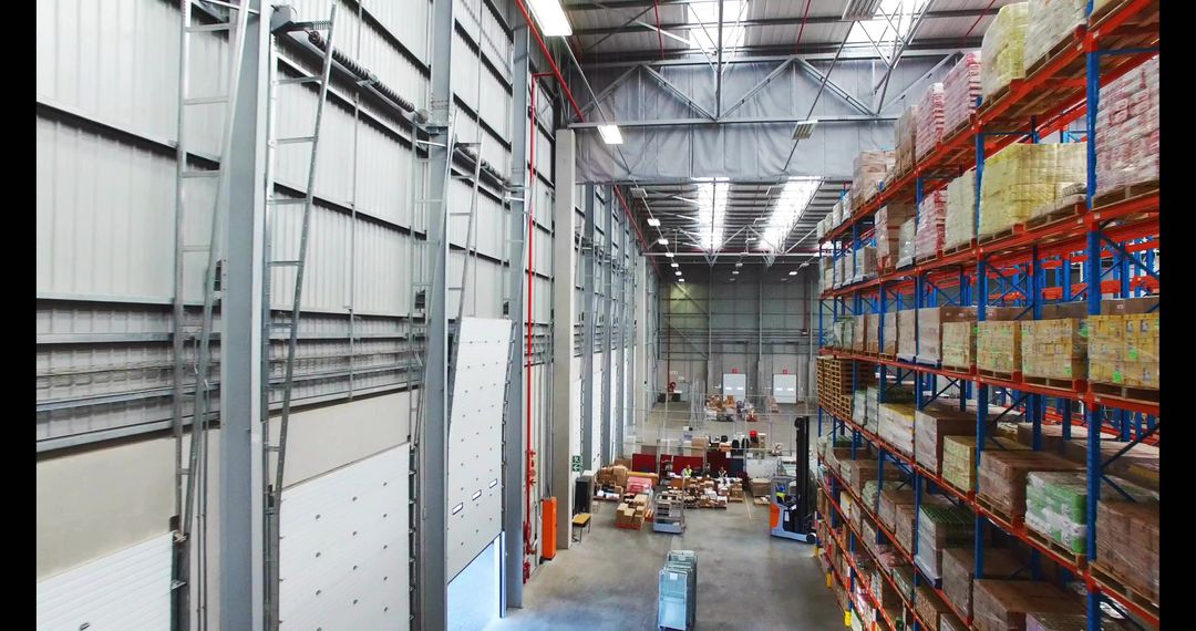 High-ceiling Warehouse Showing Tall Pallet Racking, Forklift and Organized Inventory