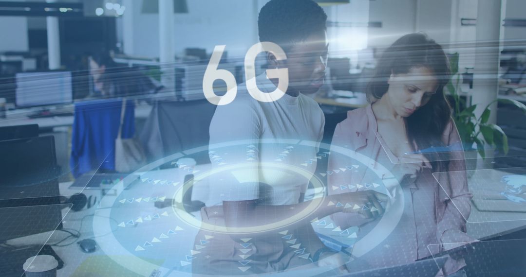 Colleagues Discussing 6G at Modern Office Table with Mixed Reality Interface