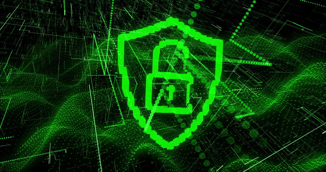 Cybersecurity Concept with Green Digital Shield and Padlock