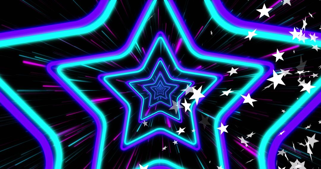 Neon Star Pattern with Floating Elements on Dark Background