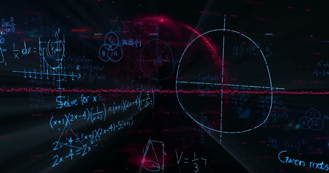 Math Equations and Diagrams Overlaying Spinning Digital Globe