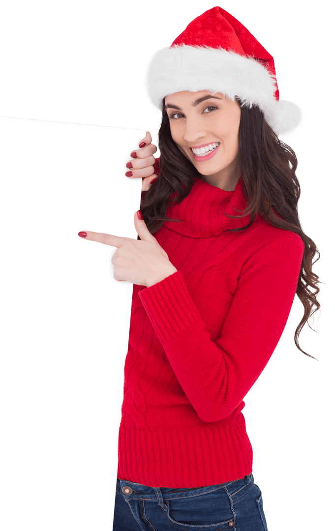 Smiling Woman in Santa Hat Pointing at Transparent White Poster