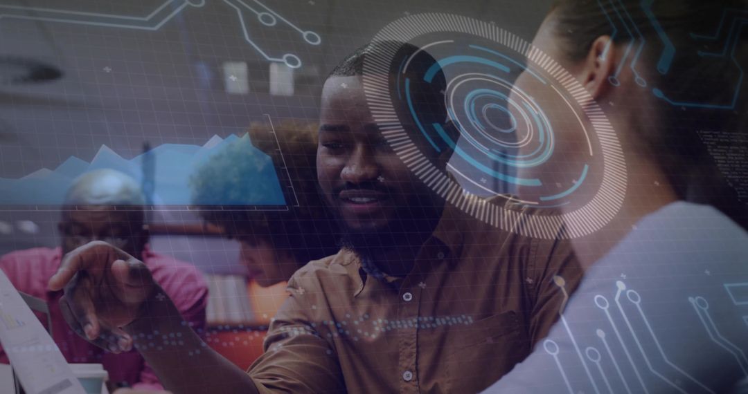 Collaboration and Innovation in Modern Office with Digital Overlays