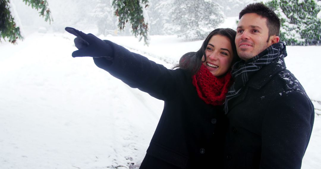 Smiling Couple Pointing in Snowy Landscape - Free Images, Stock Photos and Pictures on Pikwizard.com