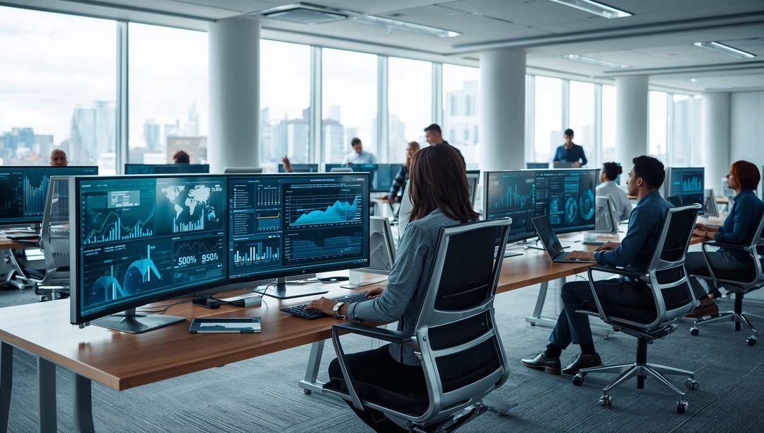 Modern Open-Plan Office with Technology and Dual Monitors