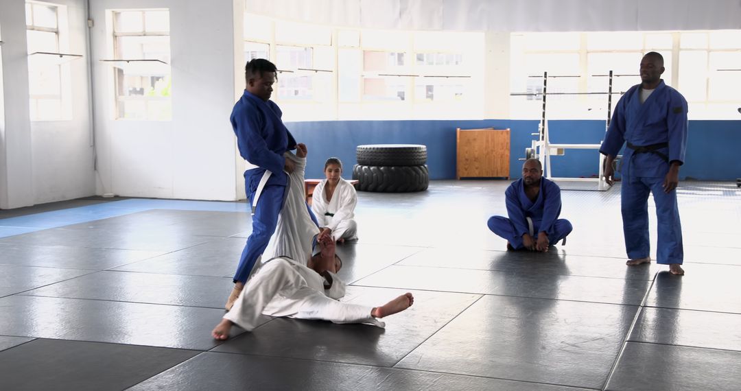 Diverse Martial Arts Class Practicing Grappling in Gym