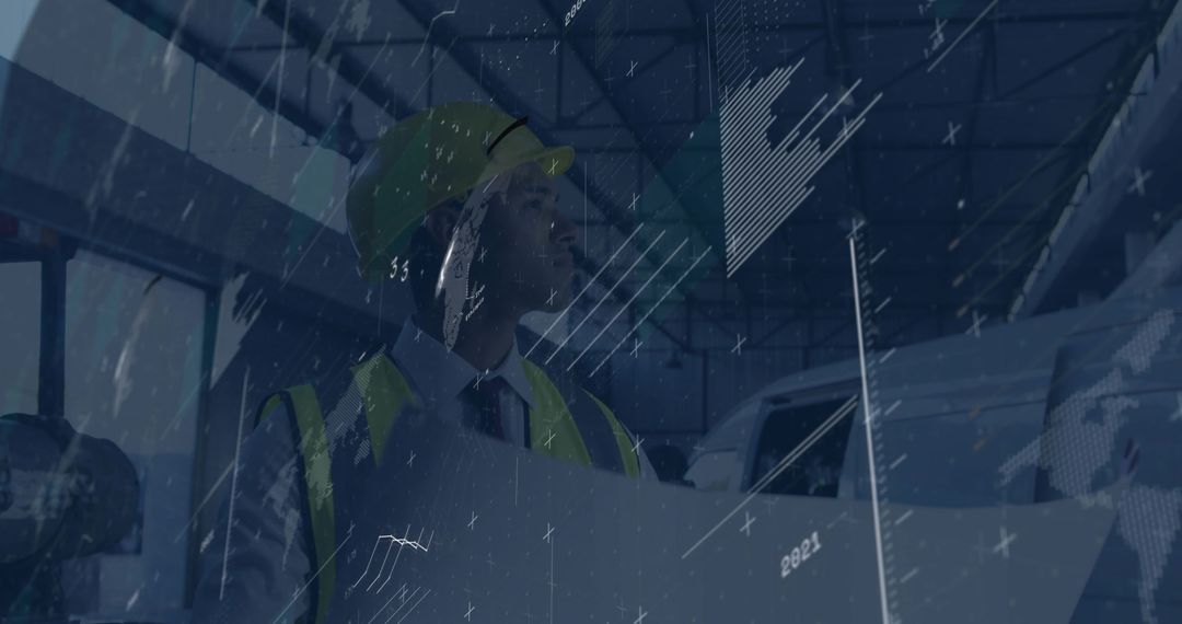 Engineer Inspecting Aircraft with Blueprint in Hangar